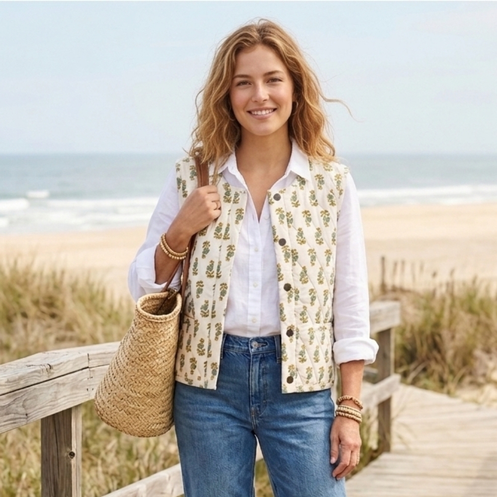 NWT Lucky Brand M Spring Botanical Cottagecore Coastal Diamond Quilted Vest
